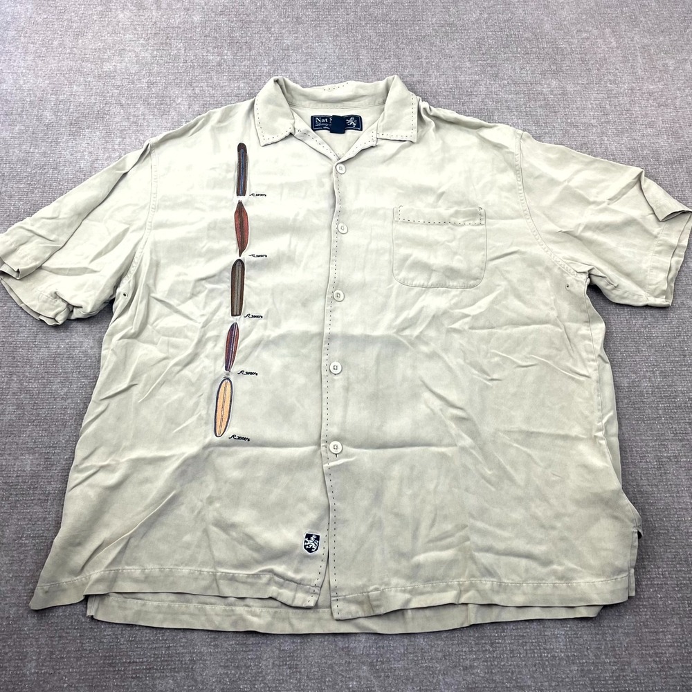 Nat Nast Shirt Mens XL Beige Silk Camp Limited Edition Luxury Original Button Up